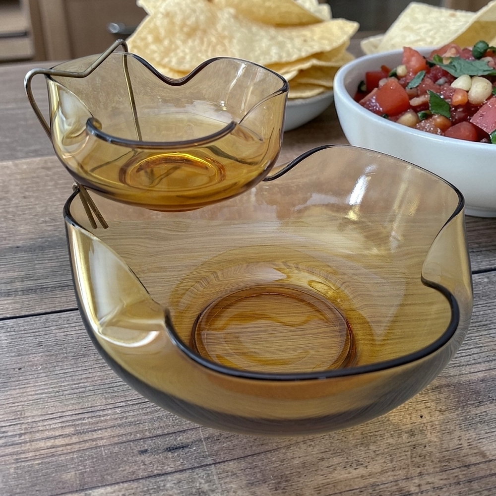 Vintage Amber Glass Chip & Dip Set Mid-Century Bowls with Metal Holder
